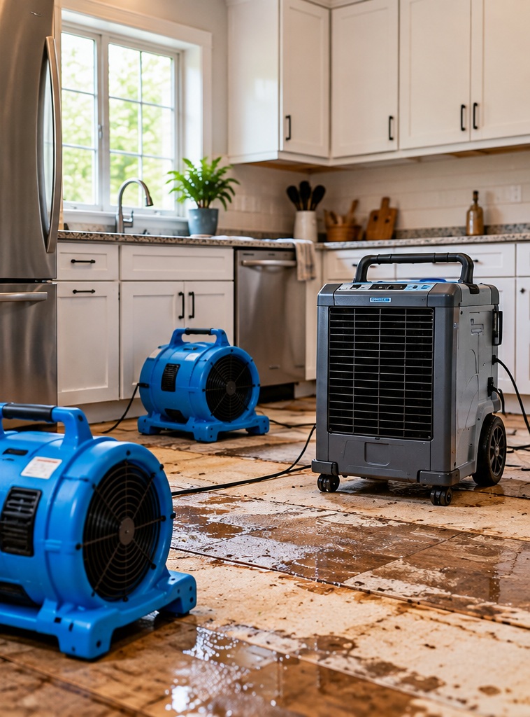 Air movers and a dehumidifier drying a water-damaged kitchen