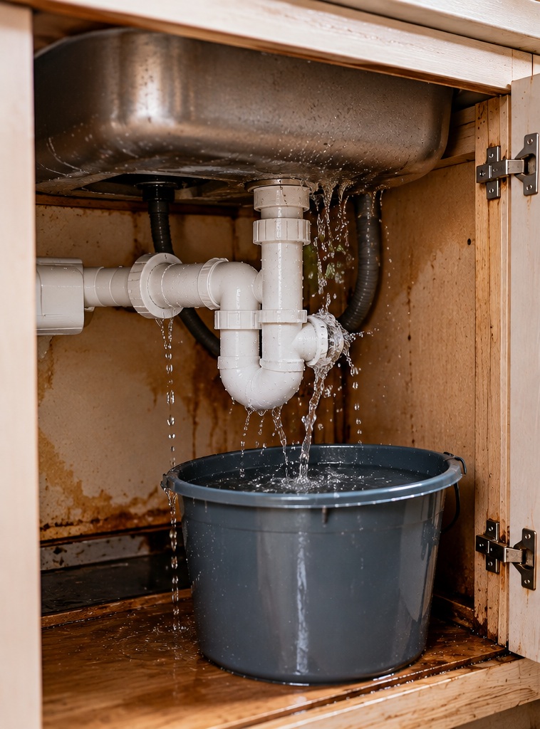 Water leaking from pipes beneath a kitchen sink into a cabinet